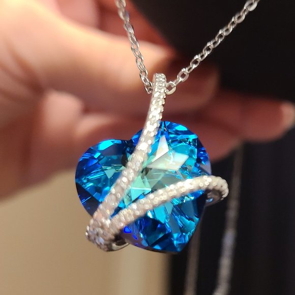 Jewelry - Sterling Silver Swarovski Crystal Heart Pendant with CZ Ribbon Necklace